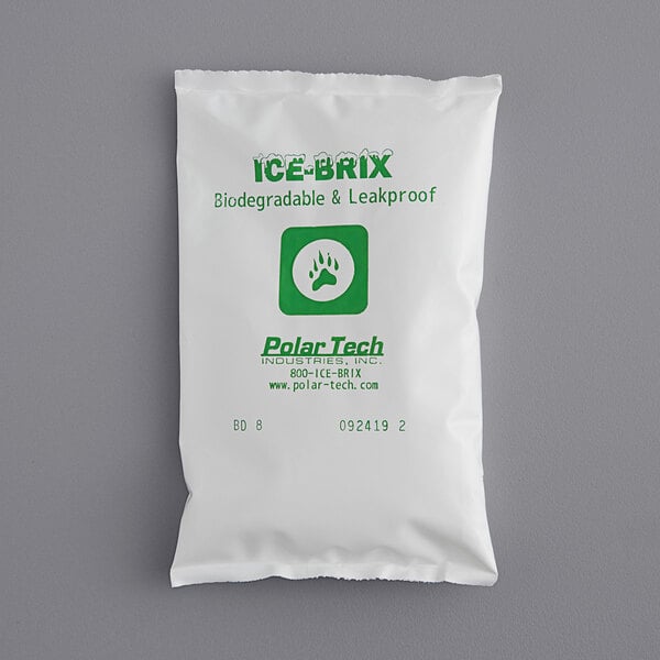 A white bag with green text that reads "Polar Tech Ice Brix Biodegradable Cold Pack" containing ice brix.