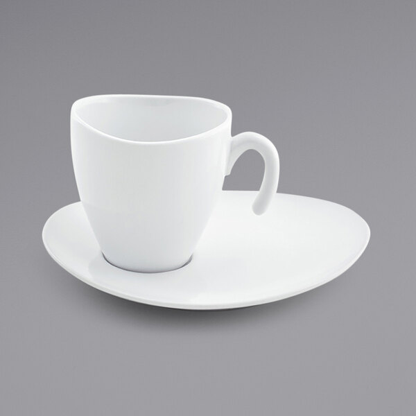 A Front of the House white porcelain cup on a saucer.