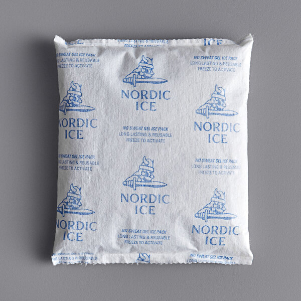 A white Nordic gel cold pack with blue text on it.
