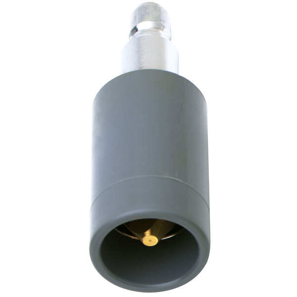 A grey and yellow metal quick disconnect cylinder.