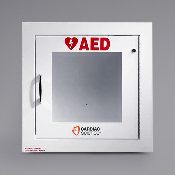 A white Cardiac Science AED cabinet with a glass door.