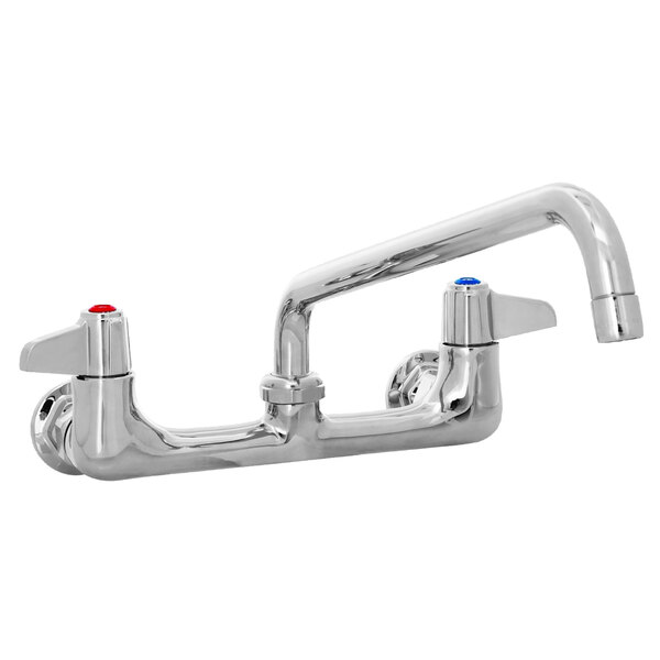 A chrome Equip by T&S wall mount faucet with 12 1/8" swing spout and lever handles.