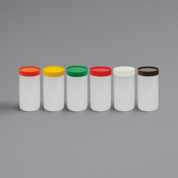 A row of six white rectangular Tablecraft PourMaster containers with assorted color caps.
