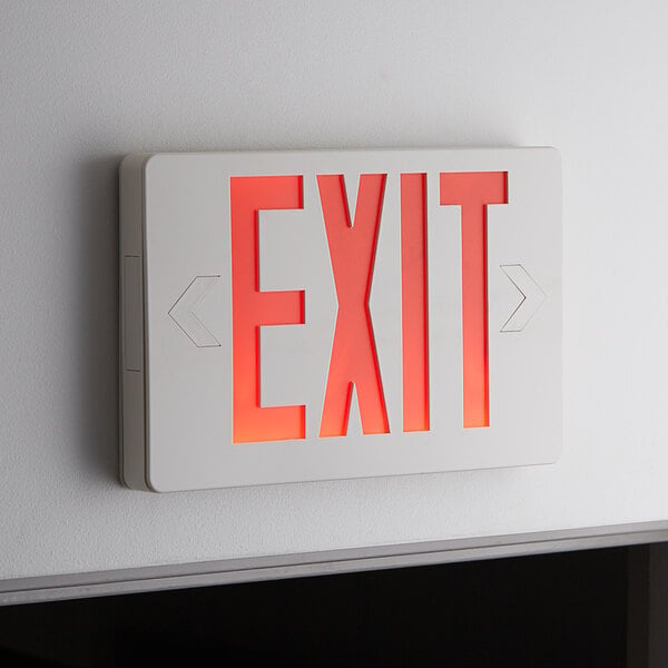 A white Lavex Slim LED exit sign with red text.