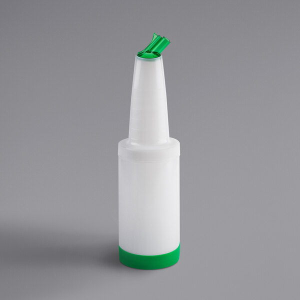 A white plastic Tablecraft PourMaster bottle with a green spout and cap.