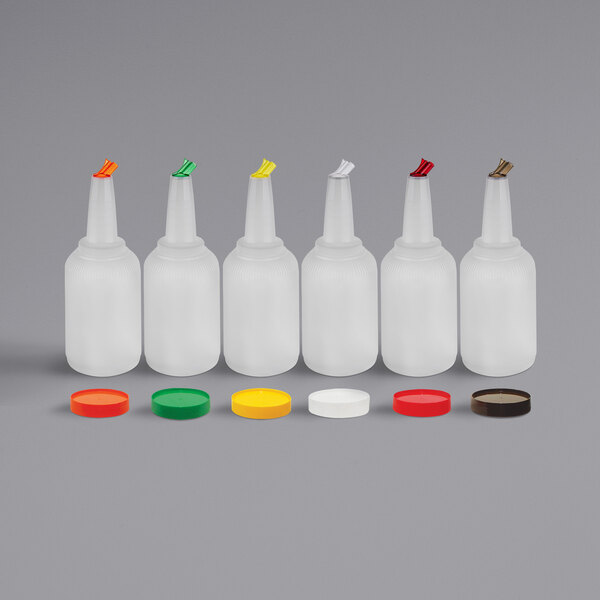 A Tablecraft PourMaster kit with 6 white bottles with colorful caps.