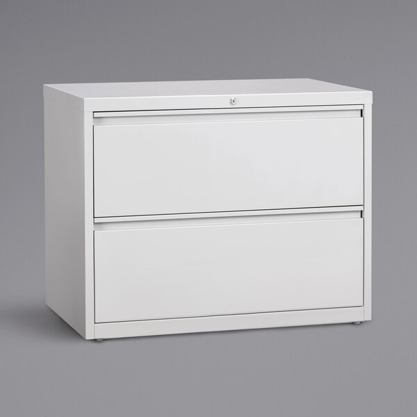 A white Hirsh Industries lateral file cabinet with two drawers and black handles.