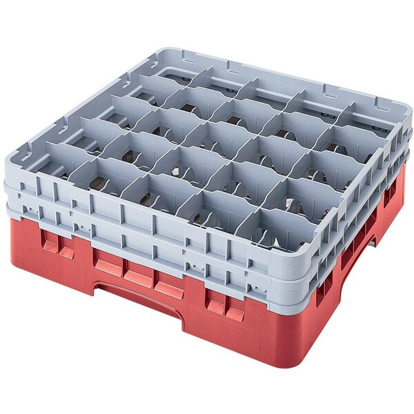 A red plastic Cambro glass rack with gray trays and extenders.