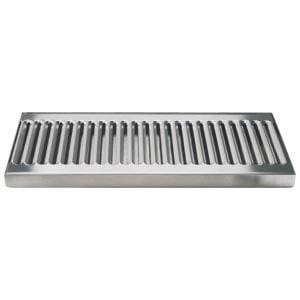 A Micro Matic stainless steel surface mount drip tray with a long narrow rectangular drain.