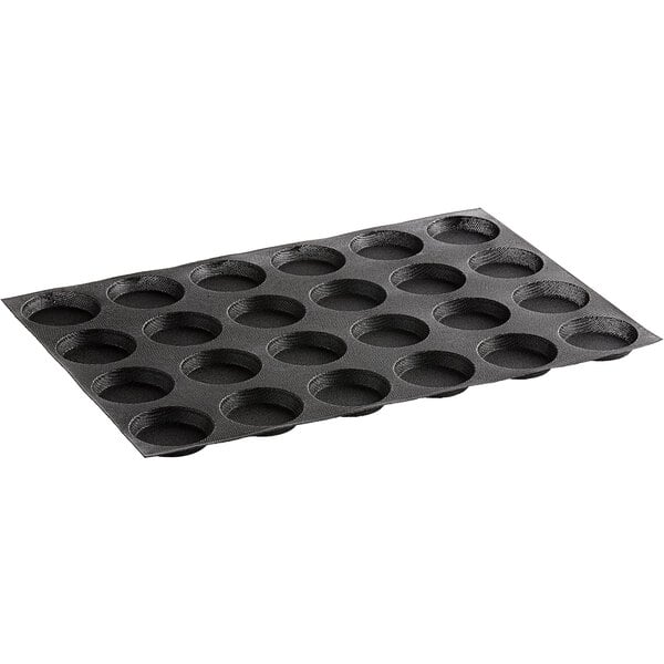 A black silicone bread mold with 24 2 1/4" diameter cavities.