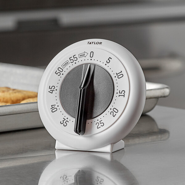 A white Taylor 5831N mechanical timer on a counter.