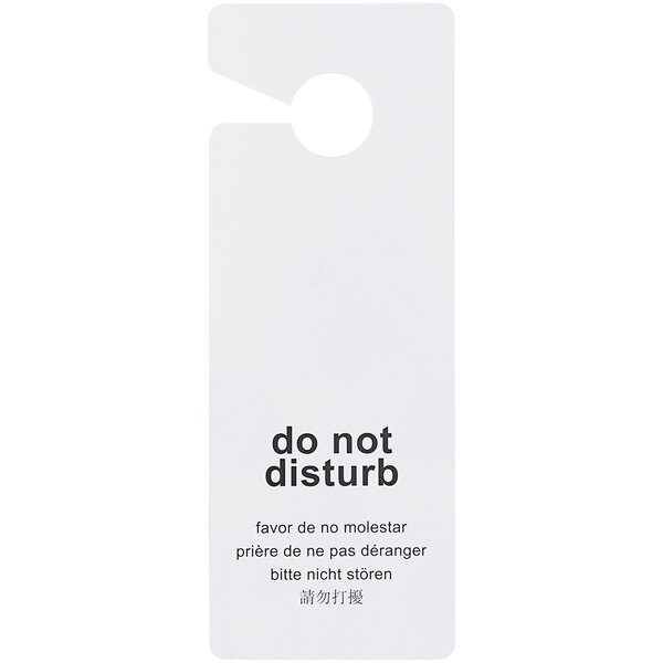 A white Novo Essentials hotel door sign with black text in 5 languages reading "Do Not Disturb"