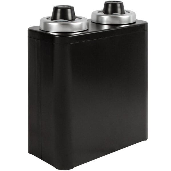 A black San Jamar FrontLine modular cup dispenser with silver lids.