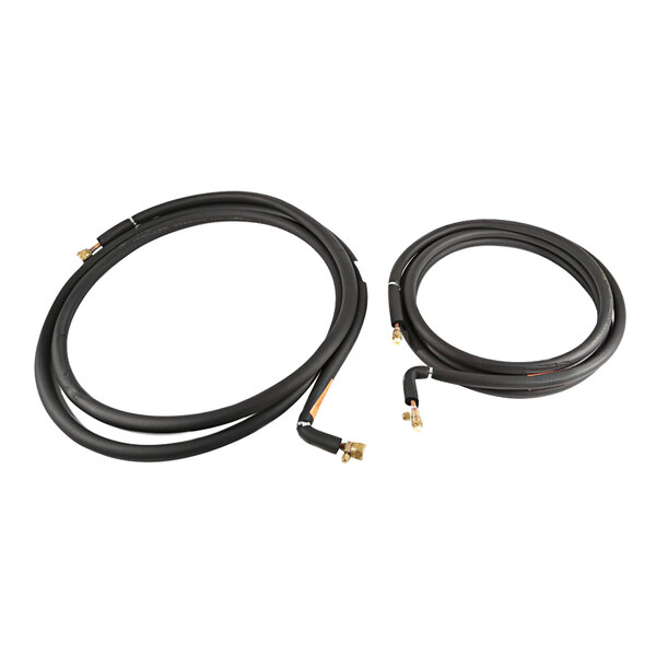 A Hoshizaki pre-charged remote ice machine condenser line kit with two black hoses and gold connectors.