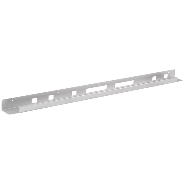 A white metal shelf with two holes and a metal bar with holes.