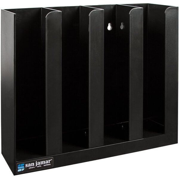 A black metal San Jamar countertop organizer with four vertical sections.