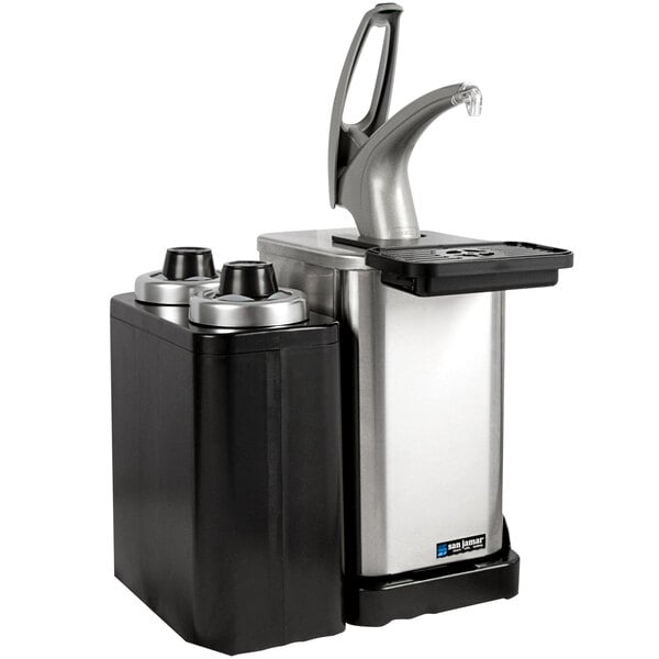 A San Jamar stainless steel condiment dispenser with portion cup dispenser on a counter.