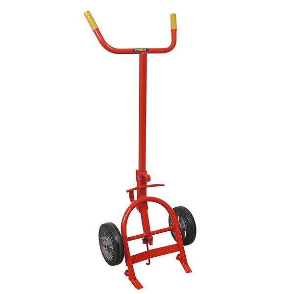 A red hand truck with two wheels and a handle.