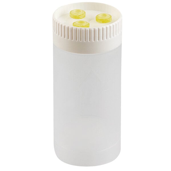 A white FIFO Innovations squeeze bottle with three yellow round lids.