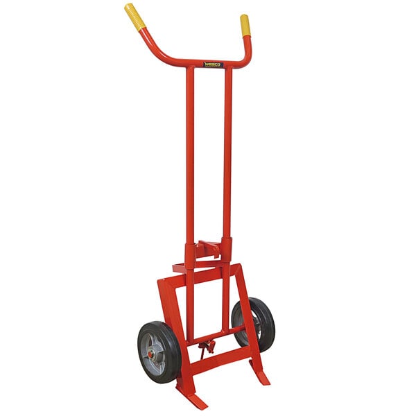 A red Wesco Industrial Products steel drum hand truck with long handles and black rubber wheels.