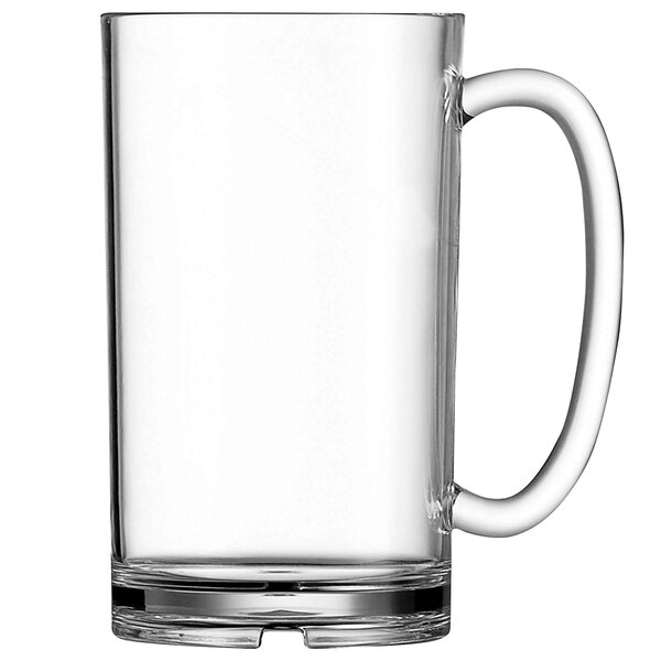 An Arcoroc clear plastic beer mug with a handle.