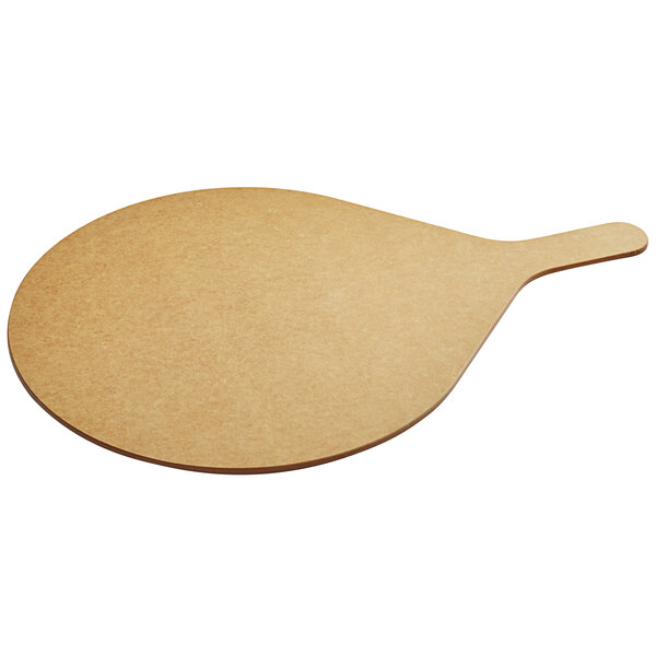 A brown Tomlinson wood fiber pizza peel with a handle.