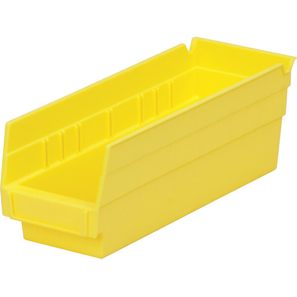 A yellow plastic Metro shelf bin with a white background.