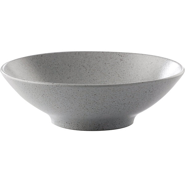 A white bowl with speckled specks and a gray rim on a white background.