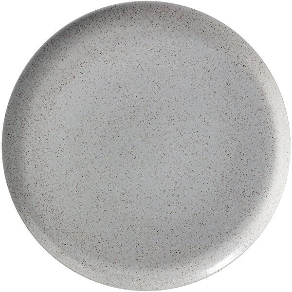 A white Corona by GET Enterprises porcelain plate with speckled specks.
