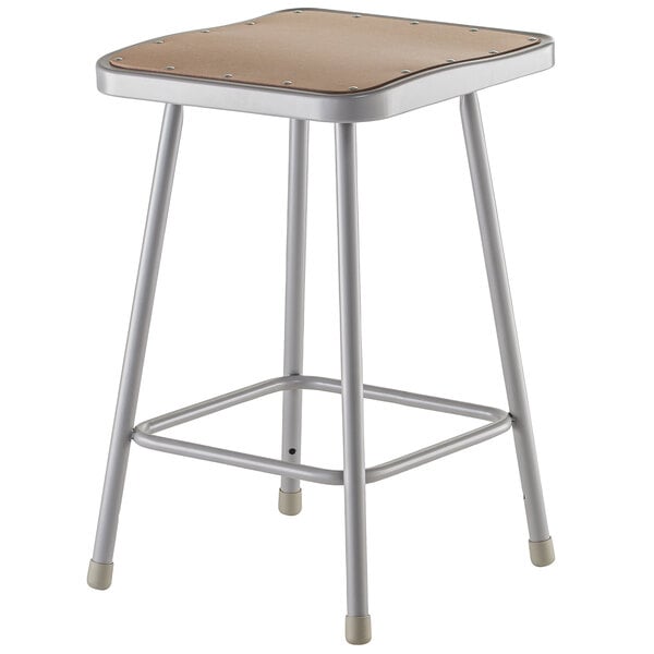 A National Public Seating lab stool with a wood seat and metal legs.