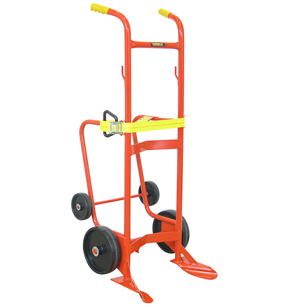 A red Wesco hand truck for steel, poly, and fiber drums with yellow handles and black wheels.
