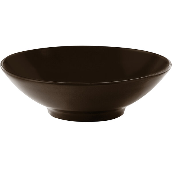 A black bowl with a dark brown rim on a white background.