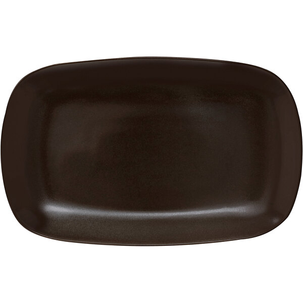 A brown rectangular platter with a black rim.