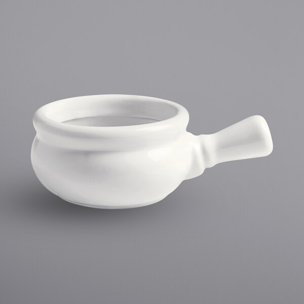 A close up of a white Corona by GET Enterprises French onion soup bowl.