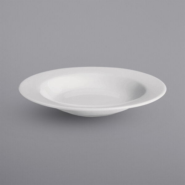 A bright white wide rim porcelain soup bowl.