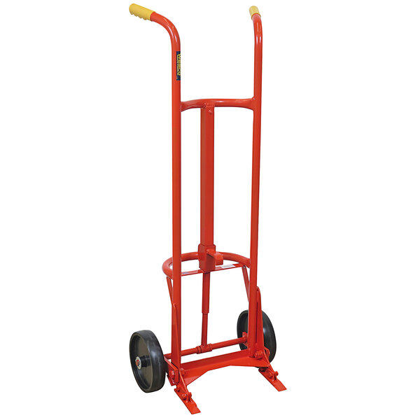 A red Wesco hand truck with black wheels.