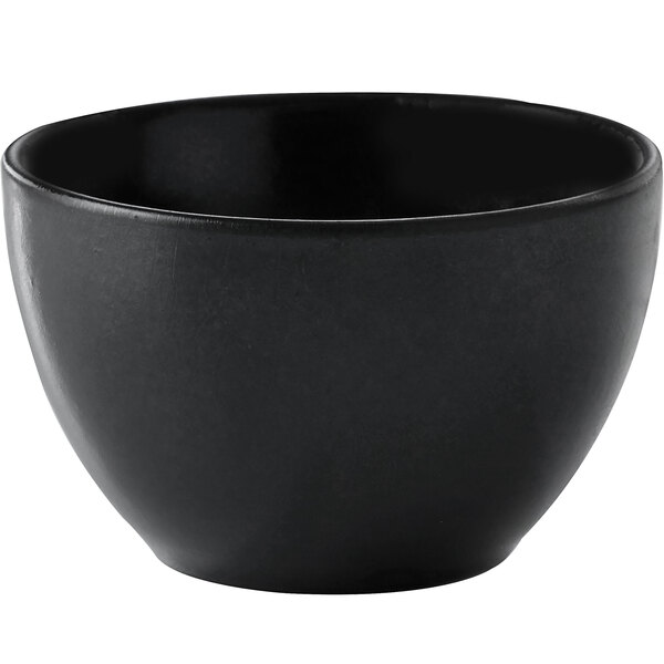 A black bouillon cup with a white background.