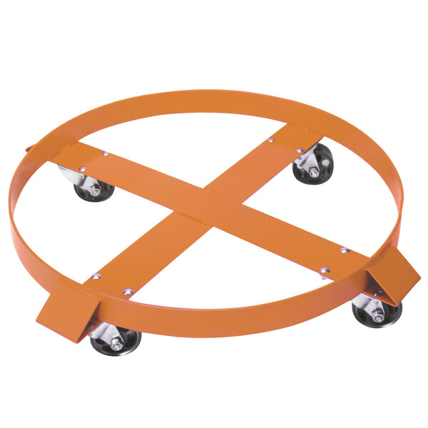 An orange steel dolly with 3 rubber wheels.