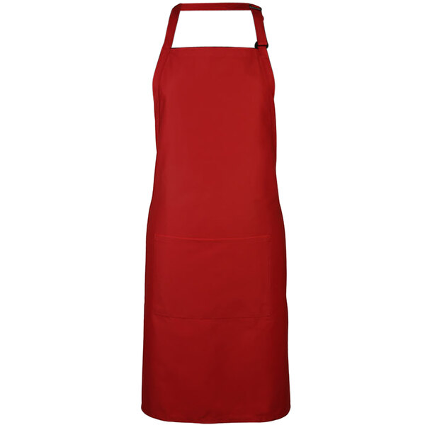A red Mercer Culinary Genesis apron with a black strap and pocket.