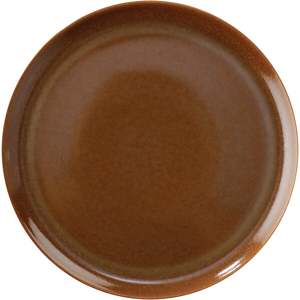 A brown plate with a white surface and brown rim.