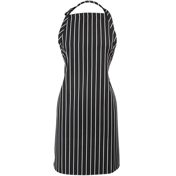 A black and white striped Mercer Culinary bib apron with a white collar.