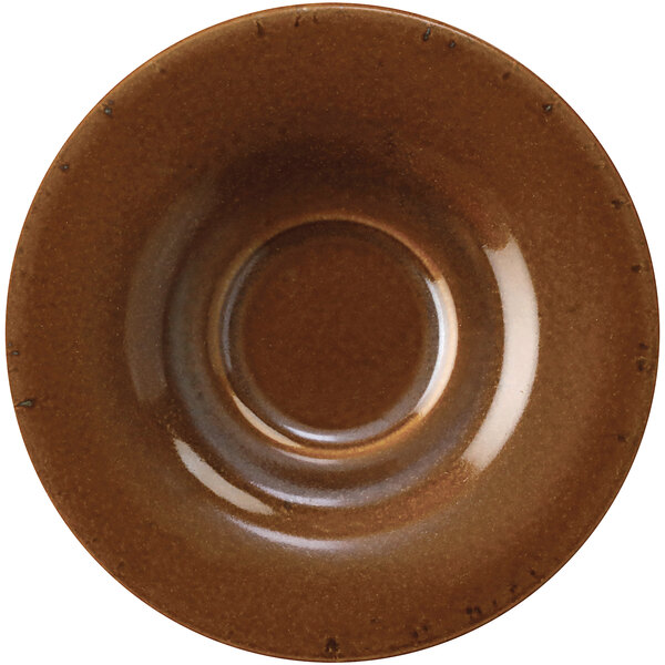 A brown saucer with a round center on a white background.