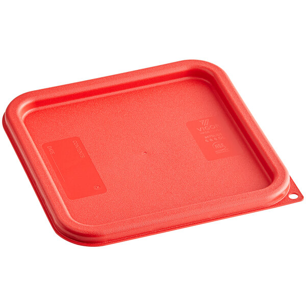 A red square Vigor polypropylene food storage container lid.