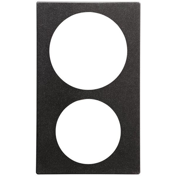 A black rectangular Vollrath Miramar adapter plate with white circles around two black circles.