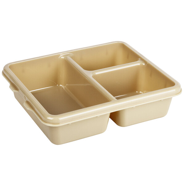 A beige plastic Cambro meal delivery tray with three compartments.
