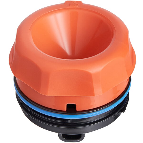 An orange plastic cap with a black ring for Thermos coffee carafes.