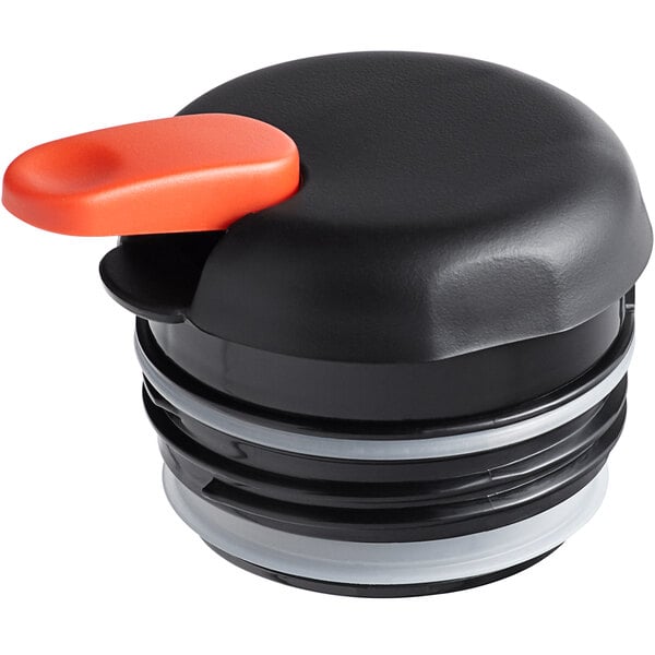 An orange and black plastic push button lid with a red handle for a coffee carafe.