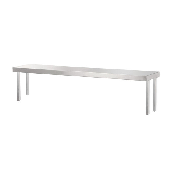 A long rectangular stainless steel service shelf with legs.