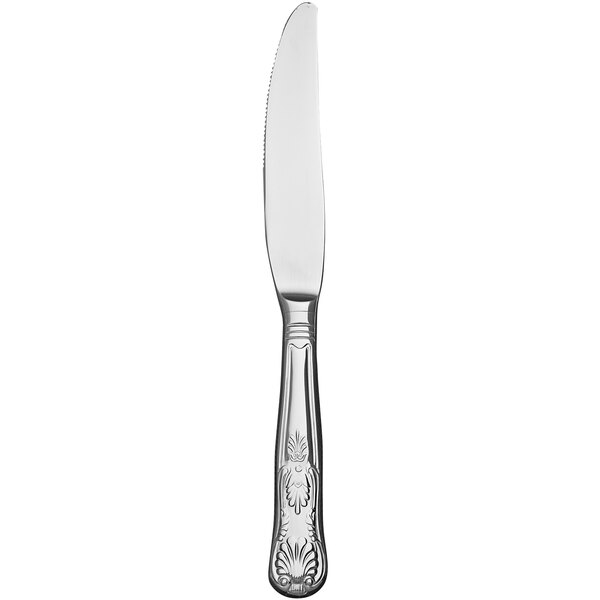 A silver Libbey dinner knife with a fluted handle.