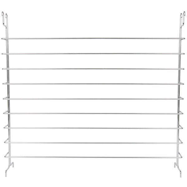A metal rack with many rows of metal rods for Eagle Group wire shelving.